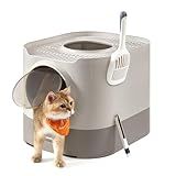 Feandrea Cat Litter Box with Lid, XL Enclosed Litter Box with Slide-Out Tray, Scoop, Brush, Anti-Tracking, for Cats of Different Sizes, Oatmeal and Warm Gray UPPT002G01