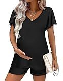 Ekouaer Maternity Clothes Outfits Set Summer Clothes Pregnancy Outfits Set Pajama for Hospital V Neck Postpartum Loungewear Black Large
