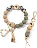 Donouzair 2PCS Silicone Beaded Wristlet Keychain Set, Upgraded Key Ring Bracelet Keychains for Women, Cute Daisy Key Chain Car Holder with Tassel