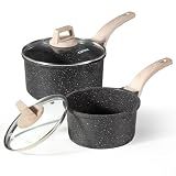 CAROTE Nonstick 1.5Qt & 3.0Qt Sauce Pan Sets with Lid, Black