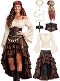 SOMSOC Pirate Costume Women Outfit with Renaissance Pirate Shirt Skirt Corset Waist Belt Accessories Set for Halloween