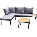 Devoko Outdoor Sectional Furniture Patio Sectional Sofa with Acacia Wood Table, Patio L-Shaped Conversation Set with All-Weather Cushion for Patio,Garden,Backyard(Gray)