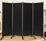 SUNALLY Room Divider 6FT Folding Privacy Screens with Lockable Wheels, 4 Panel Room Partition for Room Separator, 88" W Freestanding Portable Fabric Wall Dividers for Home Dorm Studio Office, Black
