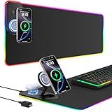 RGB Gaming Mouse Pad Wireless Charging Desk Mat with Foldable Phone Stand, Large LED Gaming Mat 800x350x4mm, 15 Light Modes, Waterproof, Keyboard Pad for PC Computer, Includes 20W PD Power Adapter