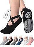 VITEVER 6-Pair Pilates Grip Socks for Women, Yoga Socks with Grips Non Slip Straps, Grippy Socks Suitable for Ballet, Barre, Dance, Hospital, Barefoot, Workout