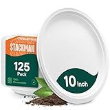 Stack Man 100% Compostable Paper Plates 10 Inch Heavy-Duty [125-Pack] Eco-Friendly White Bagasse Disposable Dinner Plates From Natural Sugarcane - 10" Biodegradable Plate (BPI-Certified) (PFAS-Free)