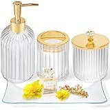Gold Bathroom Accessories 4Pcs of Glass Bathroom Counter Organizer Set,Toothbrush Holders, Soap Dispenser, Apothecary Jar, Vanity Tray, Bathroom Decor Gifts