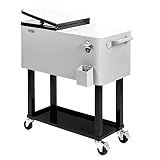 VINGLI 80 Quart Rolling Ice Chest, Portable Patio Party Bar Drink Cooler Cart, with Shelf, Beverage Pool with Bottle Opener,Grey