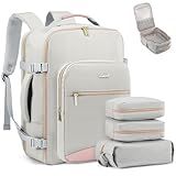 LOVEVOOK Travel Backpack for Women & Men 40L,Airline Approved Carry On Backpack Travel Essentials,TSA Carry on Luggage,Waterproof Personal Item Travel Bag,Suitcase with 3 Packing Cubes,Light gray-Pink