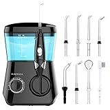 TUREWELL Water Flossing Oral Irrigator, 600ML Dental Teeth Cleaner 10 Adjustable Pressure, Electric Oral Flosser for Braces, 8 Replacement Jet Tips for Family (Black)