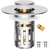 5-in-1 Bathroom Sink Stopper, 2 Pc Pop-Up Sink Drain Strainer with Removable Basket, Anti-Clog Strainer, Odor Blocking & One-Way Flow Design, Brass & Stainless Steel All Metal Made, Fit 1.1"–2.36"