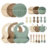 JELLDJK 24 PCS Silicone Baby Feeding Set, Baby Led Weaning Supplies Includes Suction Bowls and Divided Plates, Adjustable Silicone Bib, Spoons&forks, Training cup with straw (Green+Brown+Beige)