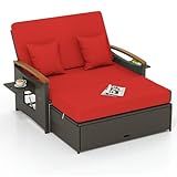 Tangkula Patio Rattan Daybed with 4-Level Adjustable Backrest, Outdoor Wicker Loveseat with Acacia Wood Armrest, Storage Ottoman & Folding Tray, Double Sunbed for Balcony, Backyard & Poolside, Red