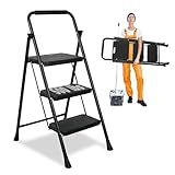 3 Step Ladder, Protable Steel Folding Stool with Wide Anti-Slip Pedal, 500lbs Sturdy Steel Ladder, Black