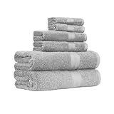 Amazon Basics 6 Piece Oversized Fade resistant Towel set, 100% Cotton towels for bathroom, soft and absorbent, 2 Bath Towels, 2 Hand Towels and 2 Washcloths bathroom towel set, Gray