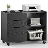 DUMOS Lateral File Cabinet with 3 Drawers Rolling Filing Cabinets Under Desk Storage Printer Stand Wood Organizer with Wheels Adjustable Shelf for Office Home Small Space, Black