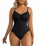 SHAPERX Women's Tummy Control Shapewear Thong Bodysuit Seamless Waist Snatching Body Shaper,SZ5215-Black-L/XL