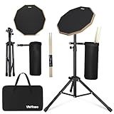 12 Inch Practice Drum Pad with Stand and Sticks, Beginner Snare Drum Pad with Drumsticks(2 pairs) and Carrying Bag, Double Sided Silent Drum Pad (Black)