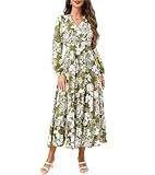 OLICE Women's Bohemian Long Sleeve V Neck Dress Green Floral Print Long Dress for Spring and Autumn Ruffled Loose Maxi Dress Green M