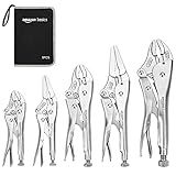 Amazon Basics 5-Piece CR-V Locking Pliers and Wire Cutters Set with Carrying Case, 2 Straight, 3 Curved Jaw, 6.5-10 inch, Silver