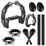 10 Pcs Percussion Instrument Set, Half Moon Tambourine, Wood Rhythm Sticks, Bells Tambourine, Wrist Bells, Egg Shakers, Maracas for Party, Black
