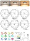Under Cabinet Lighting, LED Puck Lights with Remote, Rechargeable Motion Sensor Lights Indoor, Dimmable Stick On Lights 3 Color Temps & 12 RGB Under Counter Lights for Kitchen, Closet White 6 Pack