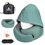 Vzpeun Travel Pillow - Hooded Neck Pillow Airplane Memory Foam Filling for Plane, Office, Cars Sleeping, Road Trip, Long Flights, Airplane Travel Essentials, Includes Eye Mask & Earplugs (Green)