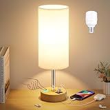 Dicoool Touch Bedside Table Lamp with USB - 3 Way Dimmable Wood Lamp for Bedroom Nightstand, Desk Lamp with Charging Station for Dorm, Living Room, Office, Kids Room, Small, 14in