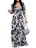 Yajedo Women's Maxi Dress 3/4 Sleeves V Neck Cocktail Party Belted Wrap Sundress Floral Print 3/4 Sleeve Long Maxi Dresses