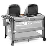 JOYMOR Twin Bassinet for Baby, Bedside Bassinet, Convertible to Bedside Sleeper and Playpen, with Wheel, Brake, Foldable Side Sleeper, Gray