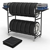 Neorexon Tire Storage Rack 57" x 55.1" x 20" w/Anti-dust Cover, Adjustable Rolling Tire Rack for Garage Black w/4 Swivel Casters & 2 Storage Shelf for Garage Storage