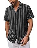 URRU Men’s Summer Striped Shirts Button Up Short Sleeve Beach Hawaiian Untucked Dress Shirt, Black, Medium