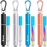 Kynup 4Packs Reusable Straws, Metal Straw with Silicon, Travel Drinking Straws with Case, Keychain, Cleaning Brushes, Silicon Pcs Perfect for Travel, Gifts (20 PCS) Blue-Black-Rose Gold-Silver