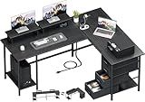 Korfile 59 inch L Shaped Computer Desk with Power Outlets, Home Office Desk with 4 Adjustable Storage Drawers & 2 Monitor Stands, Two Person Gaming Table for Bedroom, Black