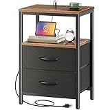 Huuger Nightstand with Charging Station, Side Table with Fabric Drawers, End Table with Open Shelf, Bedside Table with USB Ports and Outlets, Night Stand for Bedroom, Rustic Brown and Black