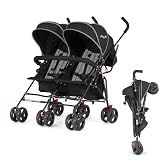 Dream On Me Volgo Twin Baby Stroller, Lightweight Side-by-Side Double Umbrella Stroller with Adjustable Canopy, 5-Point Harness, Storage Basket & Travel-Friendly Fold – Black