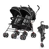 Dream On Me Volgo Twin Umbrella Stroller in Black, Lightweight Double Stroller for Infant & Toddler, Compact Easy Fold, Large Storage Basket, Large and Adjustable Canopy