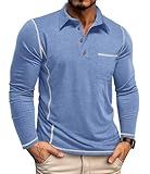 Saiji Friends Mens Athletic Polo Shirt Cotton Workout Button Collar Long Sleeve Shirts with Pocket Blue