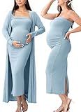 Rnxrbb 2 Piece Maternity Dress Cardigan Bodycon Maxi Baby Shower Wedding Guest Photoshoot Summer Strapless Tube Dresses,Tall-Light Blue M