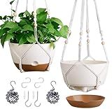 Set of 2-10 Inch Hanging Planters for Indoor Plants with Self-Watering Includes Hanging Pots for Plants, Outdoor Hanging Plant Pot with Drainage, and 2 Types of Hanging Baskets Hangers (White, 10inch)