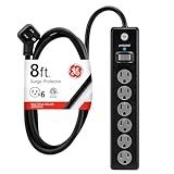 GE Surge Protector Power Strip, 8 Ft Extension Cord, 6 Outlet Extender, 1300 Joules, Flat Plug, Twist-to-Close Safety Covers, ETL Listed, Black, 33662