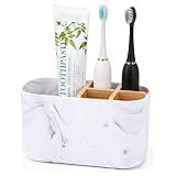 GFWARE Toothbrush Holders for Bathrooms, 5 Slots Bamboo Toothbrush Holder Kids Electric Toothbrush Holder and Toothpaste Holder for Bathroom Countertop Accessories Storage, Marble Toothbrush Organizer