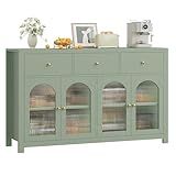 FINETONES Buffet Cabinet with Storage, 55.1" Large Sideboard Buffet, Farmhouse Kitchen Cabinet with 3 Drawers and 4 Doors, Wood Coffee Bar Table for Kitchen, Green