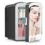 Xbeauty Skincare Mini Fridge With Dimmable LED Mirror, 4L Mini Refrigerator for SkinCare, Cosmetics, Food & Drinks, Portable Small Refrigerator for Bedroom, Dorm, Car, Office, Black