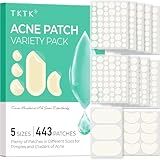 TKTK 443 Count Pimple Patches for Face, Hydrocolloid Acne Patch Bulk, Acne Stickers for Covering Cheeks, Forehead, Chin Blemishes Zit Breakouts for All Skin Types (Dots, Strip, Contoured 5 Sizes)