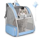 Cat Backpack Carrier, Large Pet Backpack with Kitten Wand Feather Toy for Medium Small Dog Cat Puppy Kitty Bunny up to 15lbs, Ventilated Mesh Dog Travel Carrier for Hiking Walking Outdoor Use (Blue)