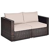 Tangkula Wicker Loveseat 2 Piece, Patio Furniture Couch with Removable Cushions, Rattan Loveseat Sofa for Balcony, Deck, Garden and Poolside