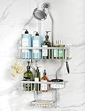 YASONIC Never-Rust Aluminum Hanging Shower Caddy – Over-the-Showerhead Organizer with 10 Hooks for Razor and Sponge – Includes Soap Basket – Silver