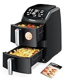 12QT Large Double Air Fryer, Family-Size Dual Airfryer with 2 Baskets, SyncHeat Even Heating, Stacked Compact Design, Smart Finish & Match Cook, PFAS-Free Nonstick, Dishwasher-Safe, Black