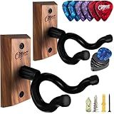 ClefArc Guitar Wall Mount 2 Pack - U-Shape Guitar Wall Hangers, Guitar Stand Wall, Black Walnut Guitar Hanger, Pick Holder, Gifts for Guitarists, with 6 Assorted Guitar Picks